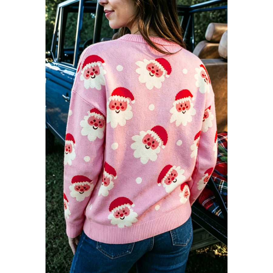 Pink Cartoon Santa Pattern Round Neck Dropped Shoulder Sweater Sweaters & Cardigans/Sweaters