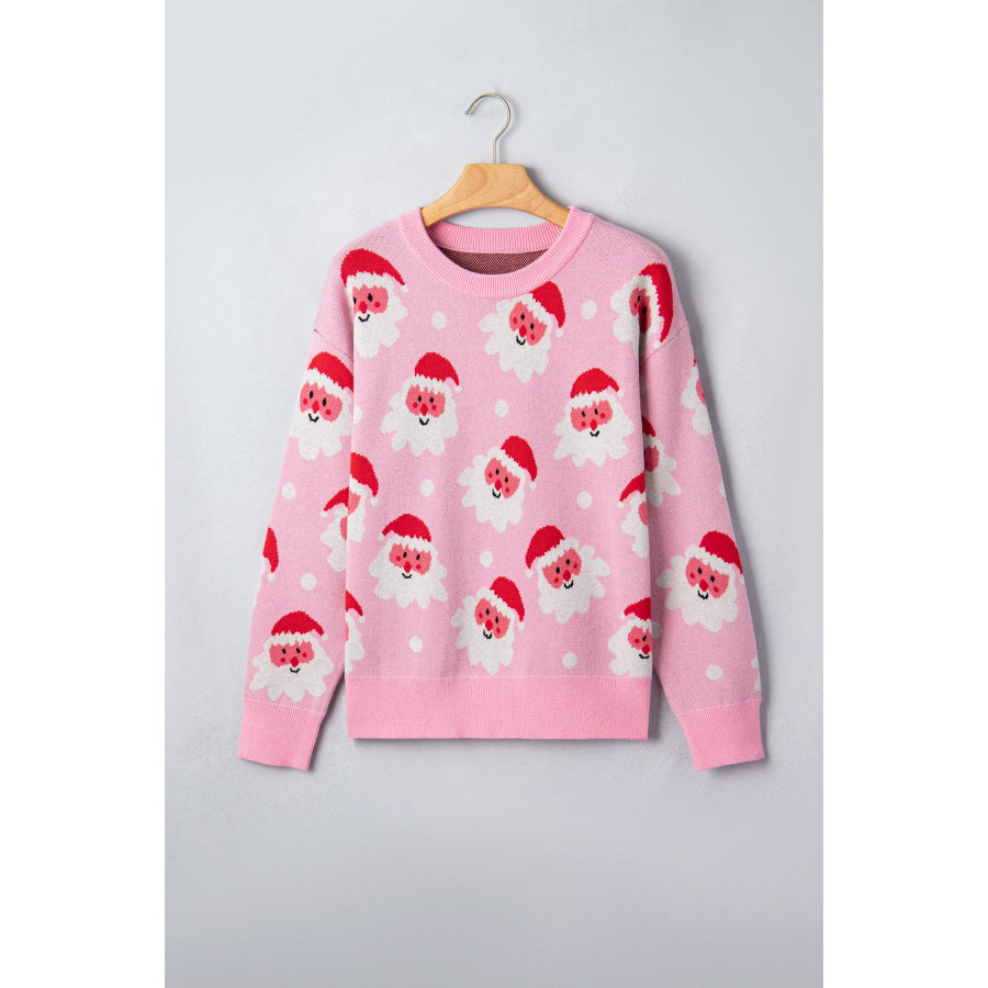 Pink Cartoon Santa Pattern Round Neck Dropped Shoulder Sweater Sweaters & Cardigans/Sweaters