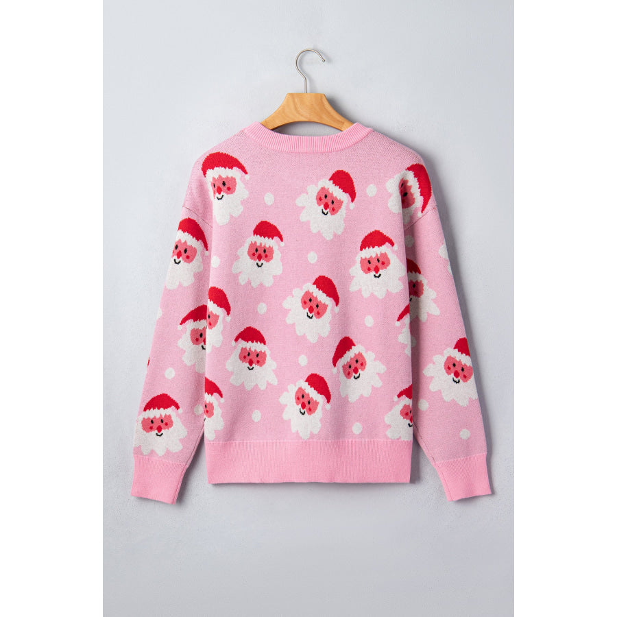 Pink Cartoon Santa Pattern Round Neck Dropped Shoulder Sweater Sweaters & Cardigans/Sweaters