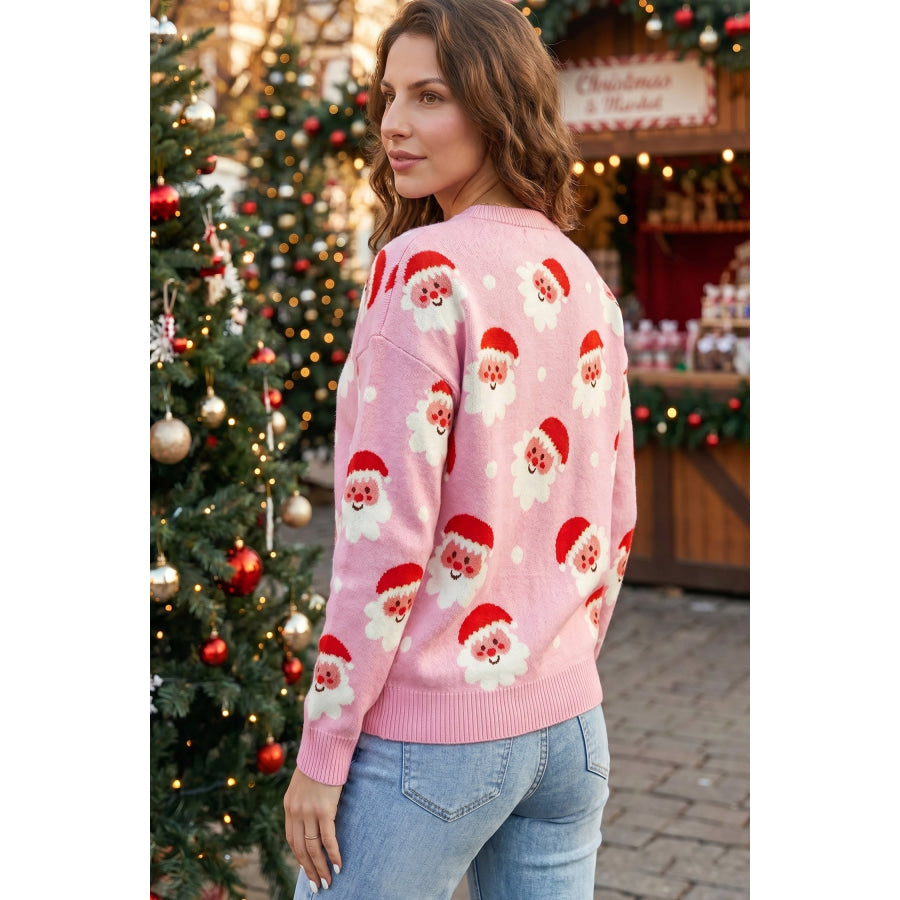 Pink Cartoon Santa Pattern Round Neck Dropped Shoulder Sweater Sweaters & Cardigans/Sweaters