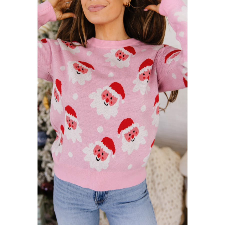 Pink Cartoon Santa Pattern Round Neck Dropped Shoulder Sweater Sweaters & Cardigans/Sweaters