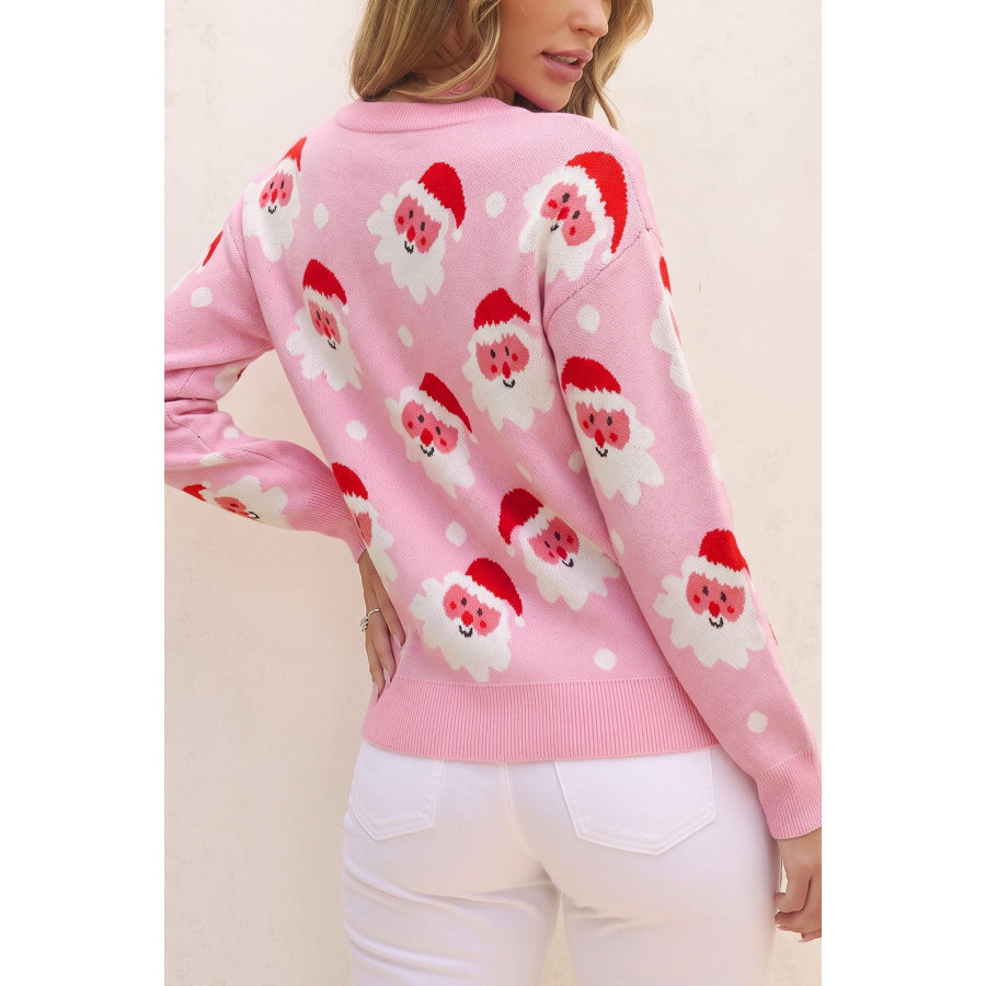 Pink Cartoon Santa Pattern Round Neck Dropped Shoulder Sweater Sweaters & Cardigans/Sweaters