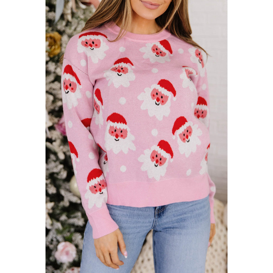 Pink Cartoon Santa Pattern Round Neck Dropped Shoulder Sweater Sweaters & Cardigans/Sweaters