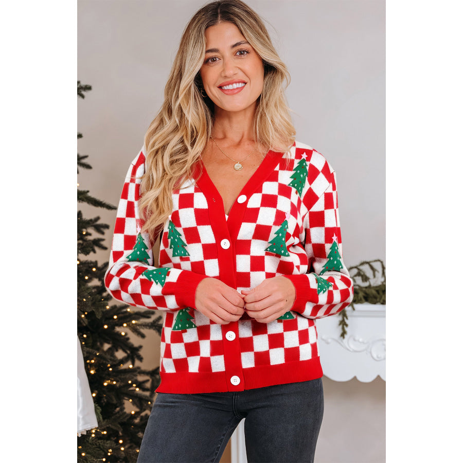 Pink Checkered Christmas Tree Pattern Button V Neck Cardigan Sweater Red / S / 52% Viscose + 26% Polyester + 22% Polyamide Sweaters &