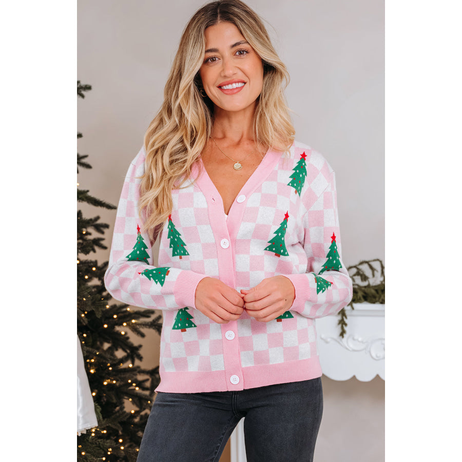 Pink Checkered Christmas Tree Pattern Button V Neck Cardigan Sweater Pink / S / 52% Viscose + 26% Polyester + 22% Polyamide Sweaters &