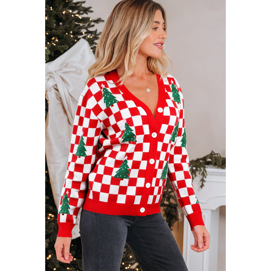 Pink Checkered Christmas Tree Pattern Button V Neck Cardigan Sweater Sweaters & Cardigans/Cardigans