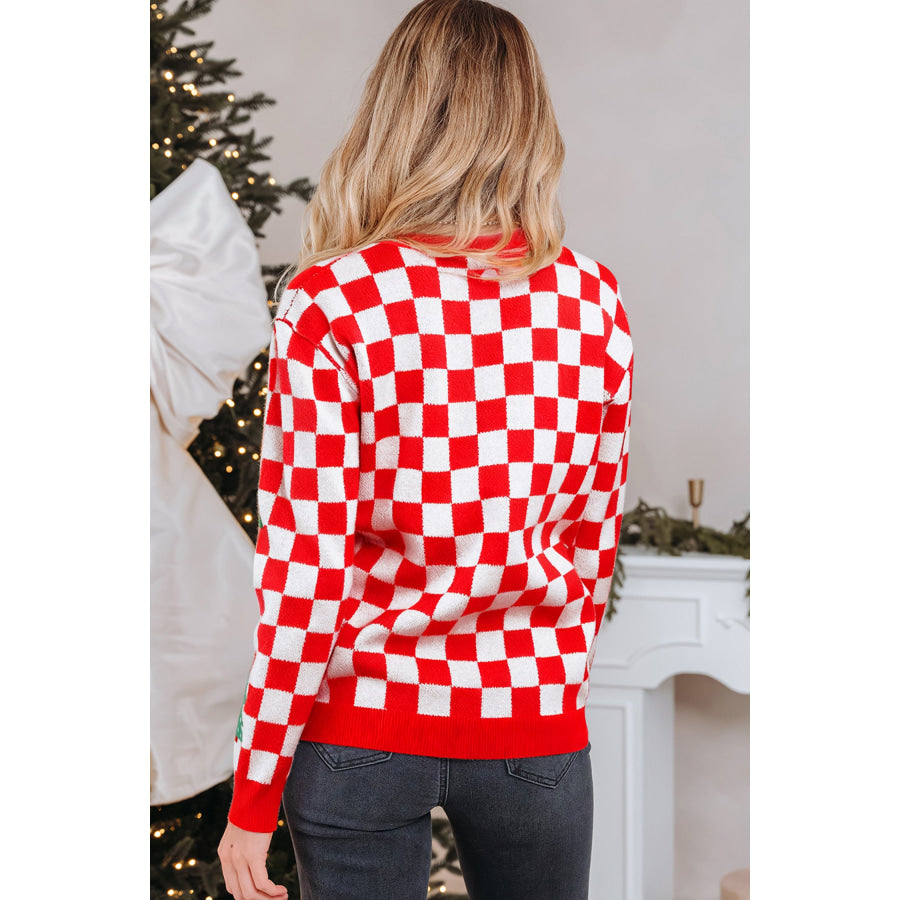 Pink Checkered Christmas Tree Pattern Button V Neck Cardigan Sweater Sweaters & Cardigans/Cardigans
