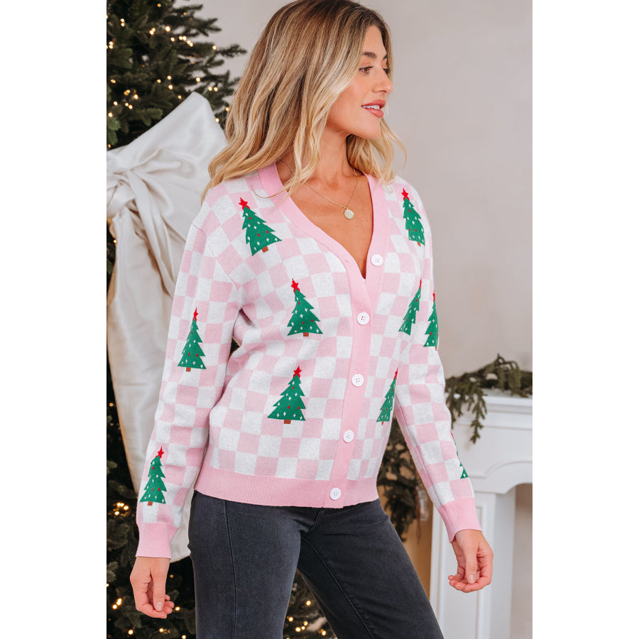 Pink Checkered Christmas Tree Pattern Button V Neck Cardigan Sweater Sweaters & Cardigans/Cardigans