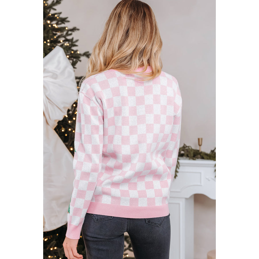 Pink Checkered Christmas Tree Pattern Button V Neck Cardigan Sweater Sweaters & Cardigans/Cardigans