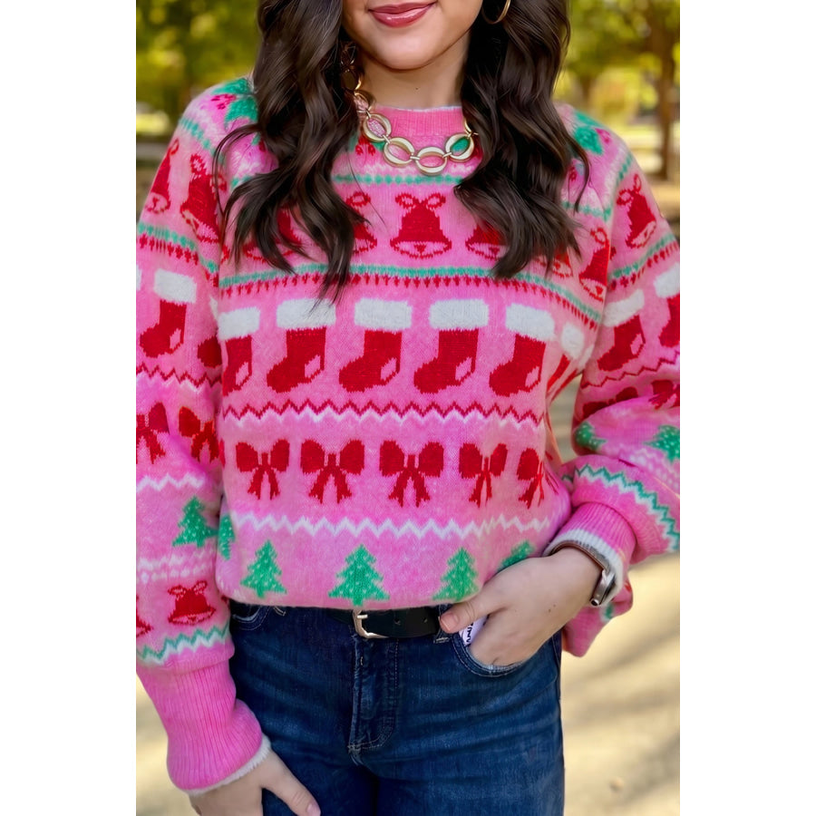 Pink Christmas Holiday Graphic Round Neck Knit Sweater / S Sweaters & Cardigans/Sweaters