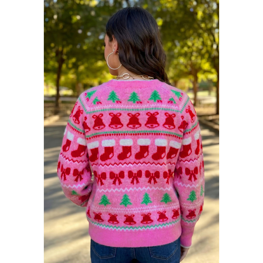 Pink Christmas Holiday Graphic Round Neck Knit Sweater / S Sweaters & Cardigans/Sweaters