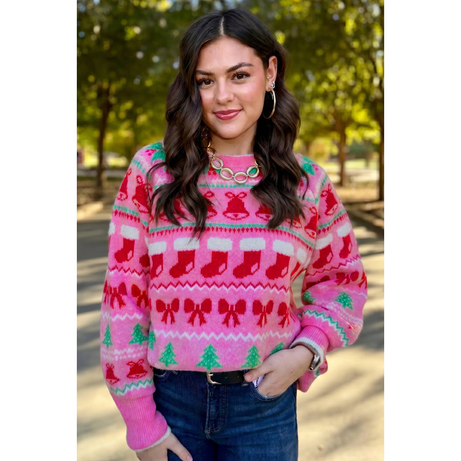 Pink Christmas Holiday Graphic Round Neck Knit Sweater Sweaters & Cardigans/Sweaters