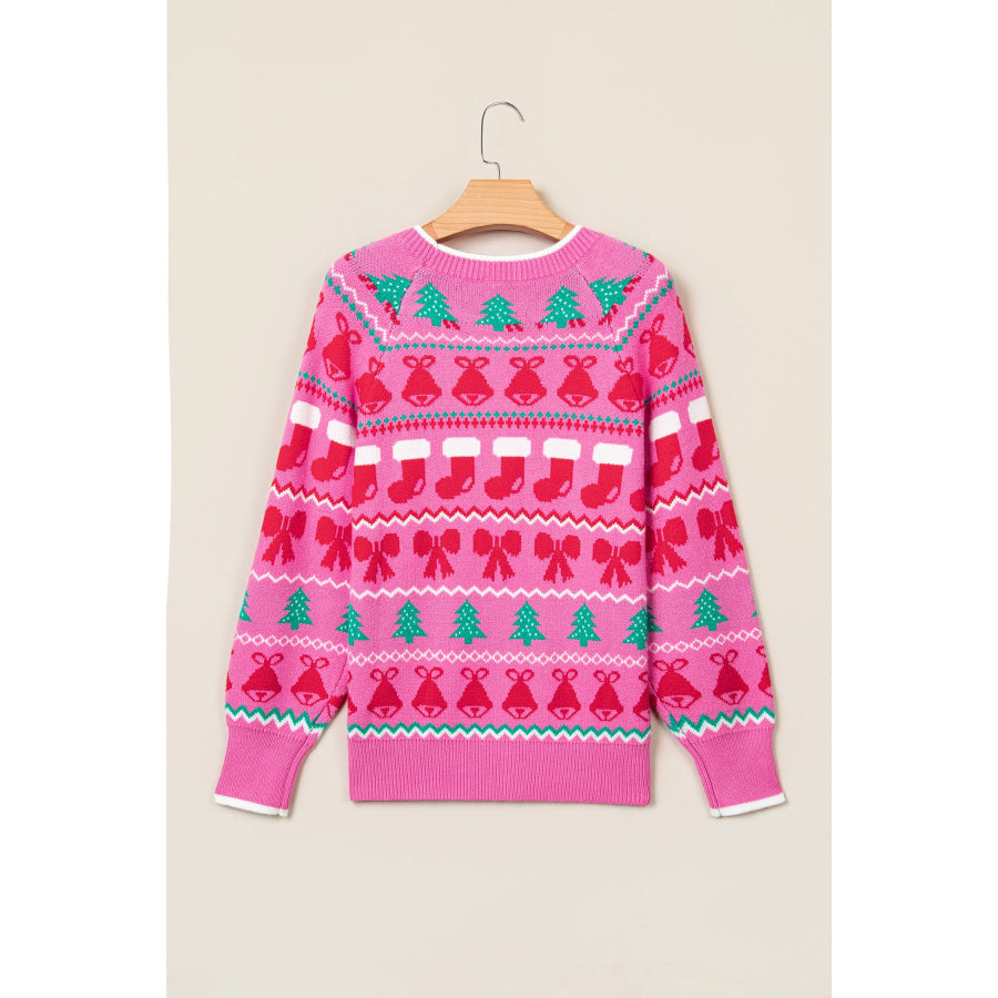 Pink Christmas Holiday Graphic Round Neck Knit Sweater Sweaters & Cardigans/Sweaters