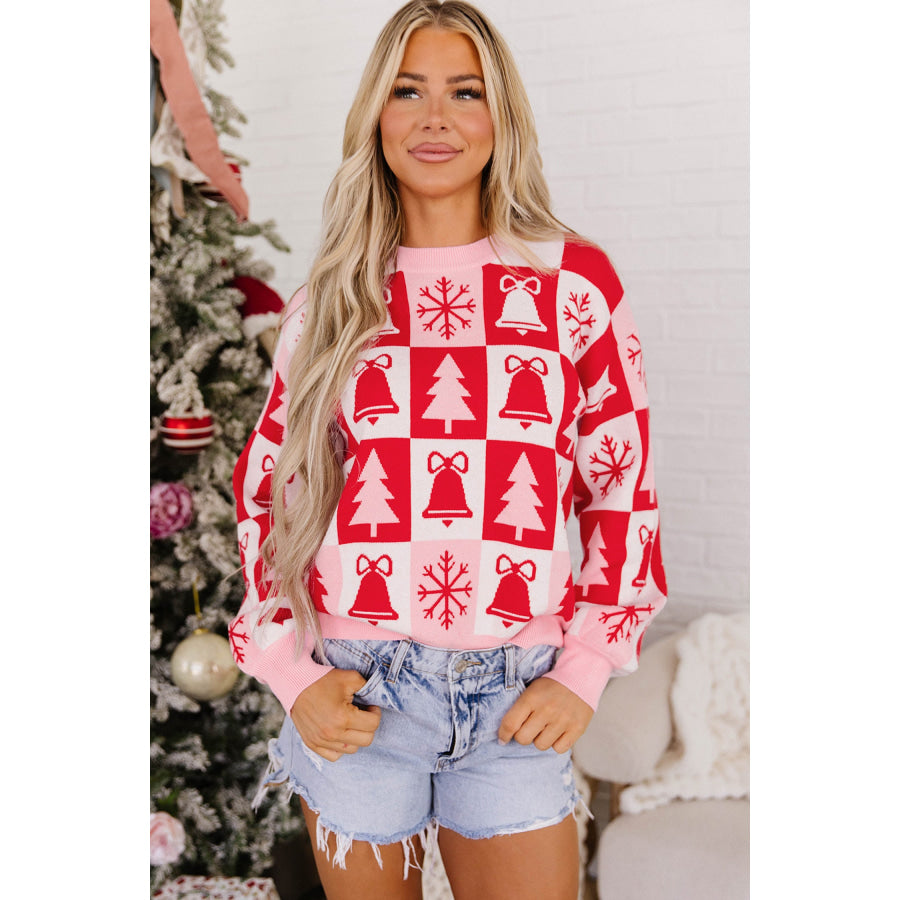 Pink Christmas Plaid Pullover Round Neck Long Sleeve Casual Fit Tunic Knitwear Sweater / S / 52% Viscose + 26% Polyester + 22% Polyamide