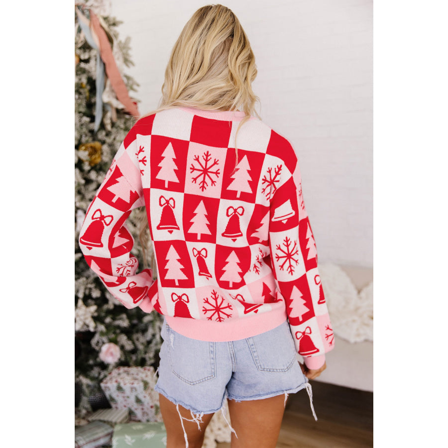 Pink Christmas Plaid Pullover Round Neck Long Sleeve Casual Fit Tunic Knitwear Sweater Sweaters & Cardigans/Sweaters