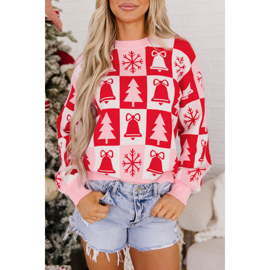 Pink Christmas Plaid Pullover Round Neck Long Sleeve Casual Fit Tunic Knitwear Sweater Sweaters & Cardigans/Sweaters