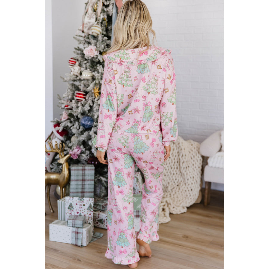 Pink Christmas Print Button Front Long Sleeve Lounge Set Pink / S / 95% Polyester + 5% Elastane Loungewear & Sleepwear/Loungewear