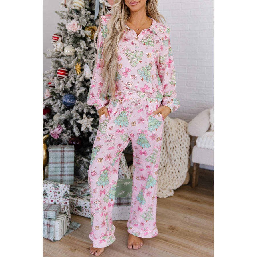 Pink Christmas Print Button Front Long Sleeve Lounge Set Loungewear & Sleepwear/Loungewear