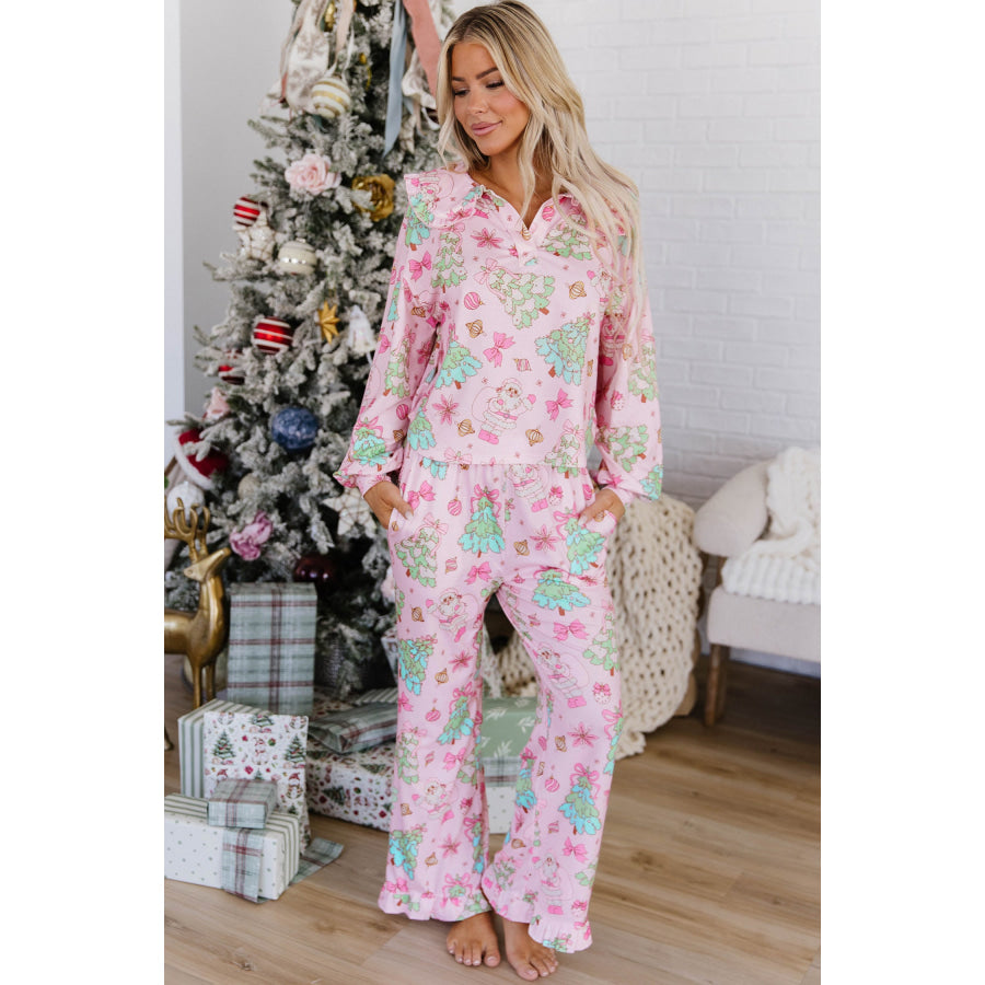 Pink Christmas Print Button Front Long Sleeve Lounge Set Loungewear & Sleepwear/Loungewear