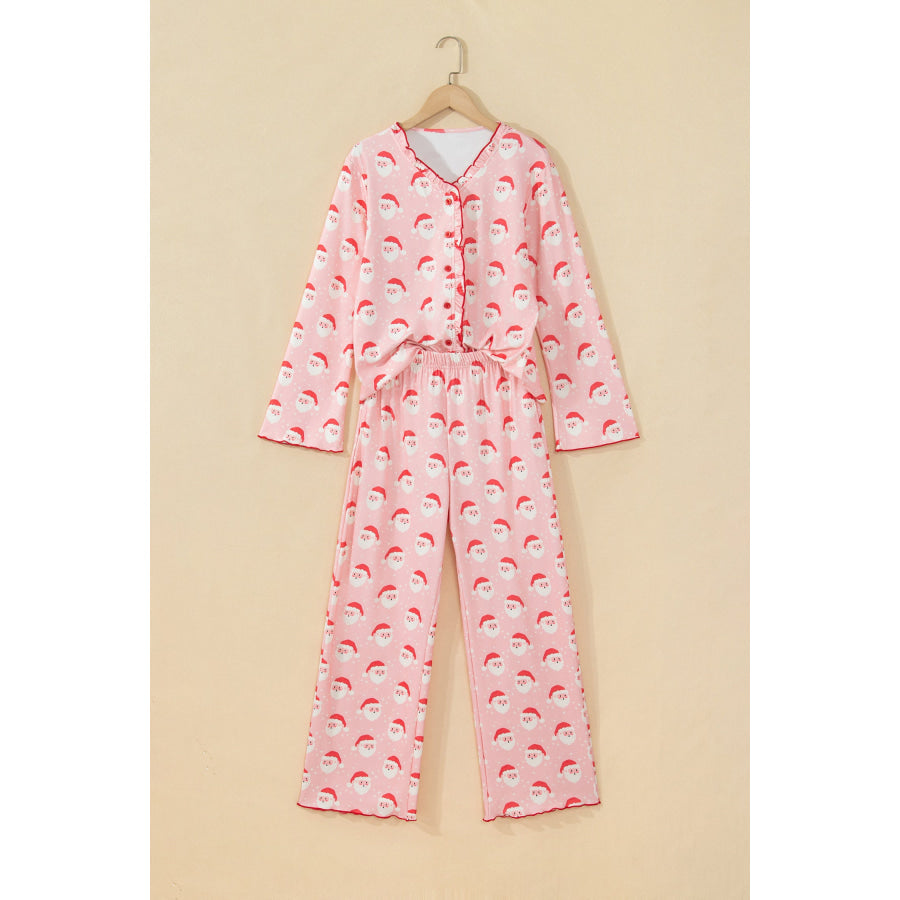 Pink Christmas Santa Print Frilled Button Front Long Sleeve Top Lounge Pant Set Loungewear & Sleepwear/Loungewear