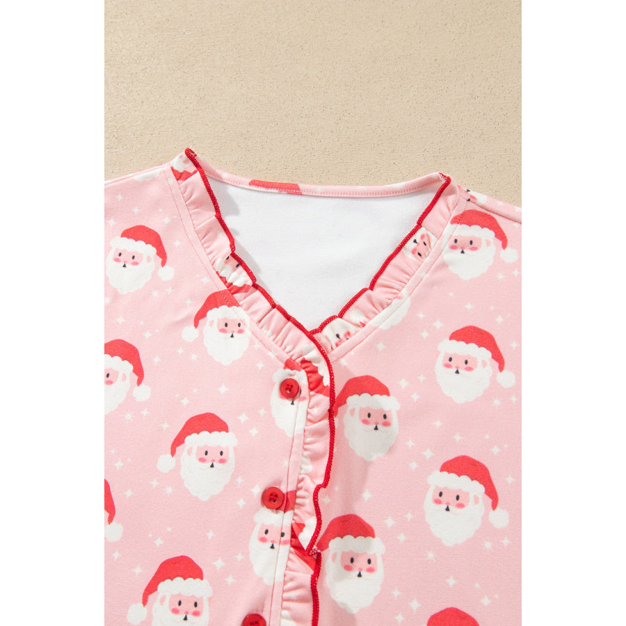 Pink Christmas Santa Print Frilled Button Front Long Sleeve Top Lounge Pant Set Loungewear & Sleepwear/Loungewear