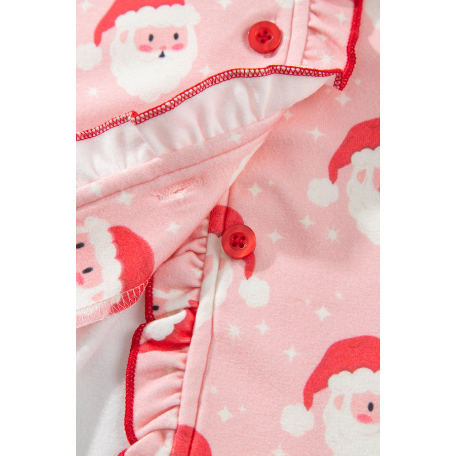 Pink Christmas Santa Print Frilled Button Front Long Sleeve Top Lounge Pant Set Loungewear & Sleepwear/Loungewear