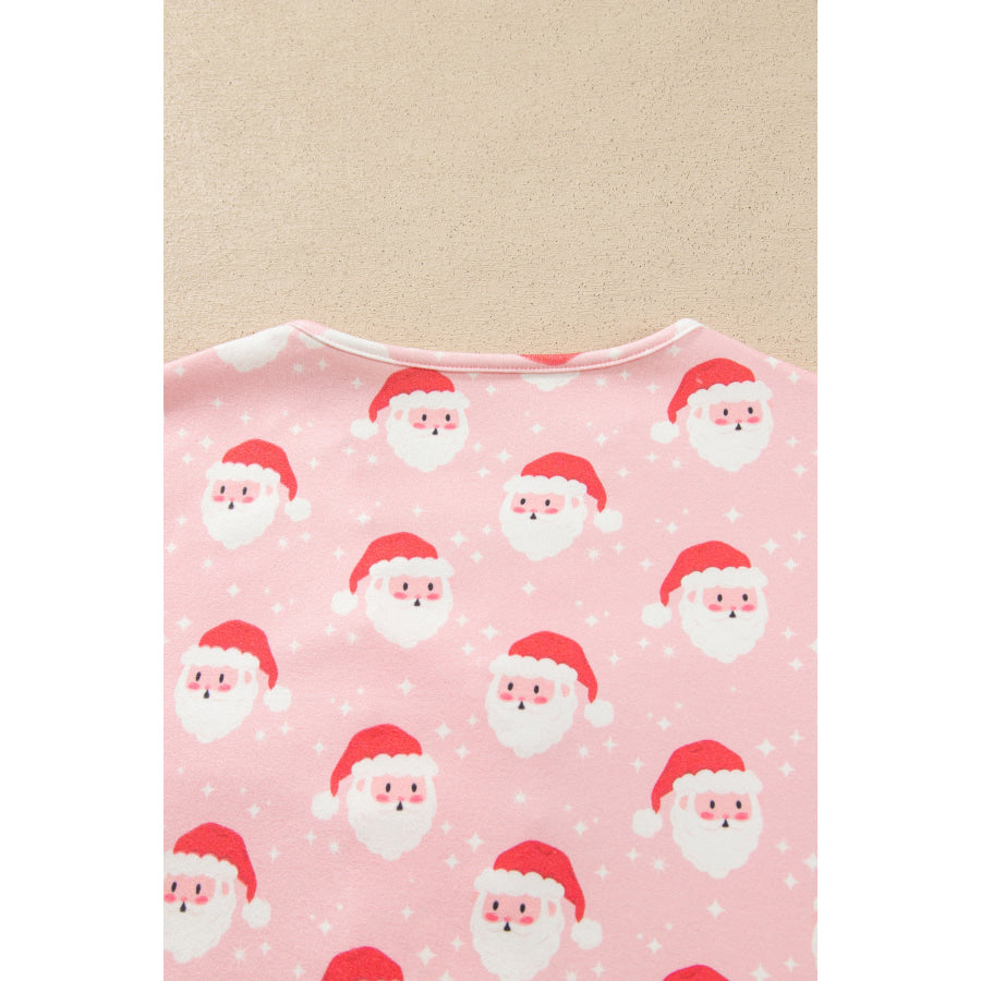 Pink Christmas Santa Print Frilled Button Front Long Sleeve Top Lounge Pant Set Loungewear & Sleepwear/Loungewear