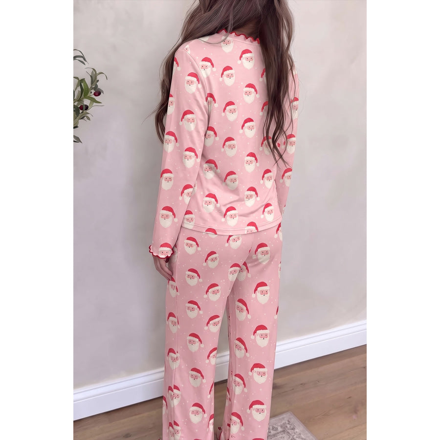Pink Christmas Santa Print Frilled Button Front Long Sleeve Top Lounge Pant Set / S / 100% Polyester Loungewear & Sleepwear/Loungewear