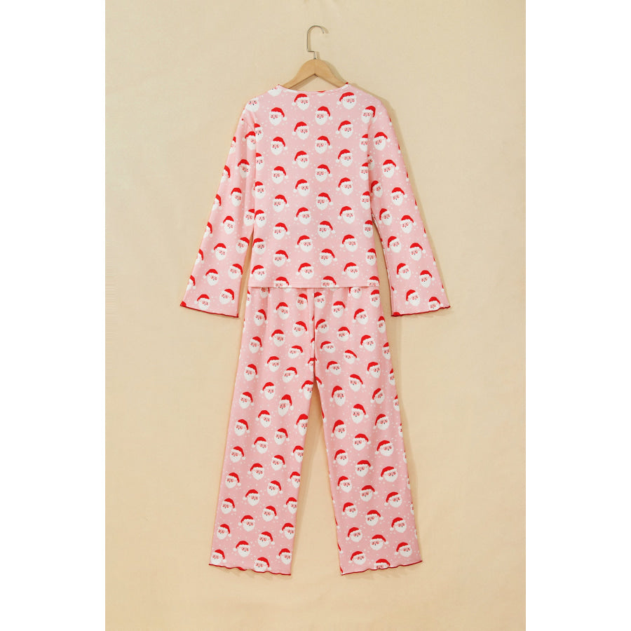 Pink Christmas Santa Print Frilled Button Front Long Sleeve Top Lounge Pant Set Loungewear & Sleepwear/Loungewear