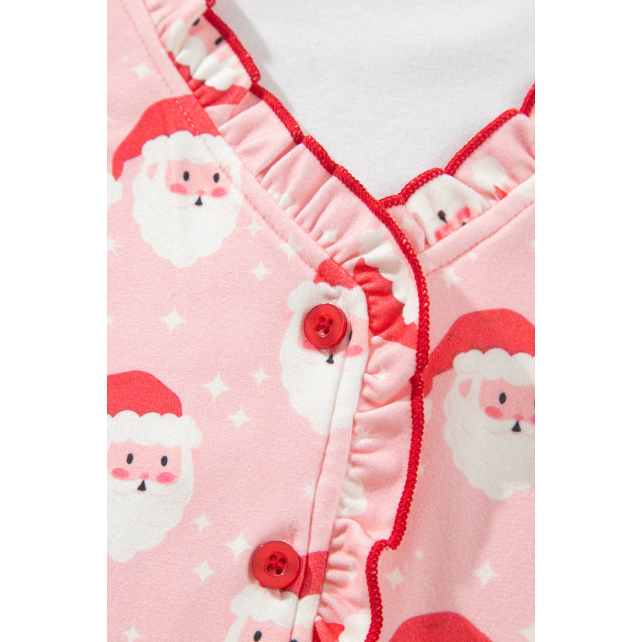 Pink Christmas Santa Print Frilled Button Front Long Sleeve Top Lounge Pant Set Loungewear & Sleepwear/Loungewear