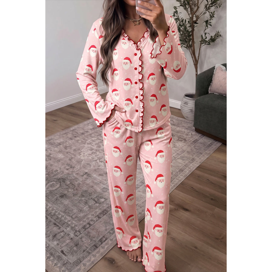 Pink Christmas Santa Print Frilled Button Front Long Sleeve Top Lounge Pant Set / S / 100% Polyester Loungewear & Sleepwear/Loungewear