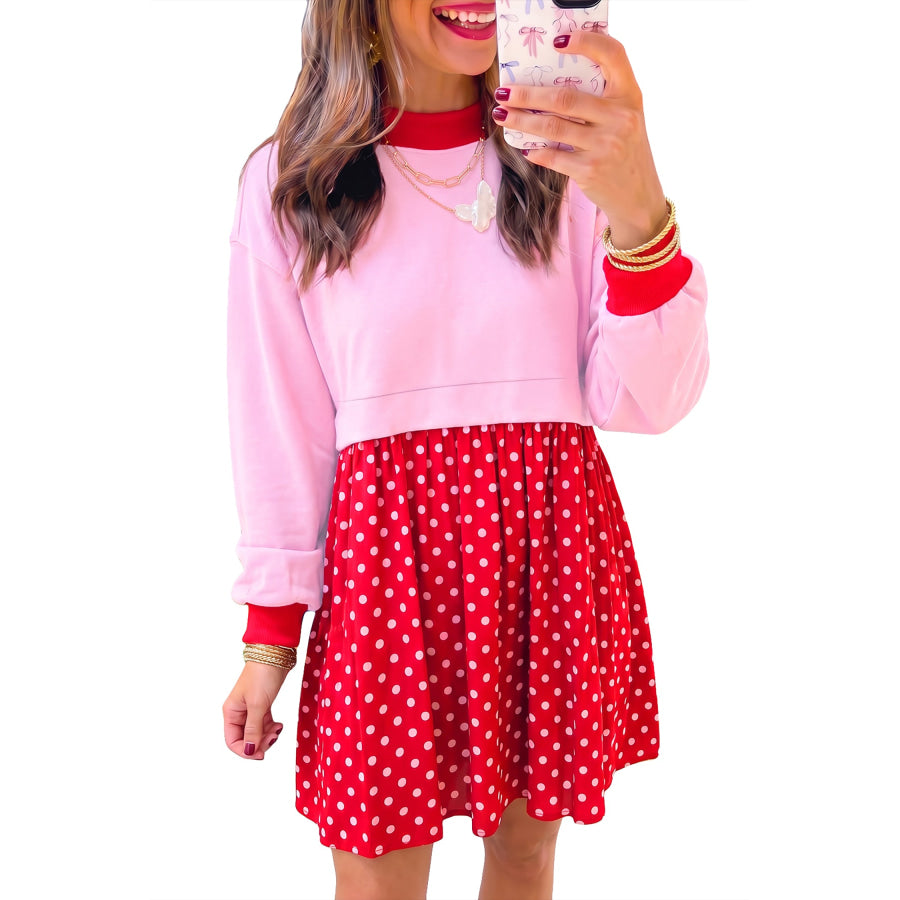 Pink Color Block Long Sleeve Polka Dot Contrast Pleated Mini Dress Dresses/Mini Dresses