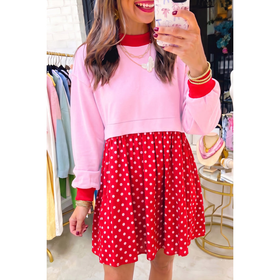 Pink Color Block Long Sleeve Polka Dot Contrast Pleated Mini Dress / S Dresses/Mini Dresses