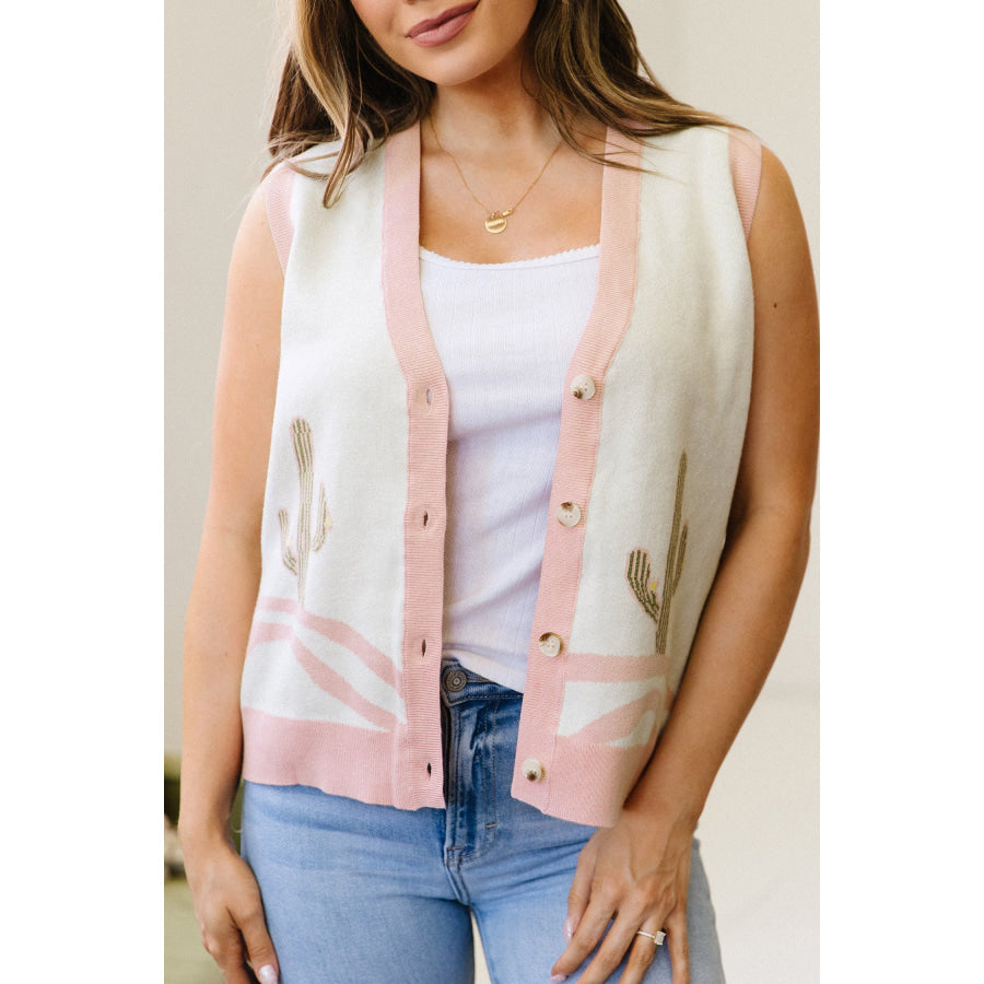 Pink Color Block Trim Button Front Cactus Pattern Western Sweater Vest Sweaters & Cardigans/Sweater Vests