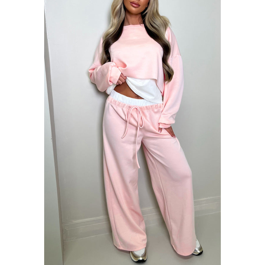 Pink Color Contrast Overlay Long Sleeve Top Drawstring Loose Pant Set / S Two Piece Sets/Pant Sets