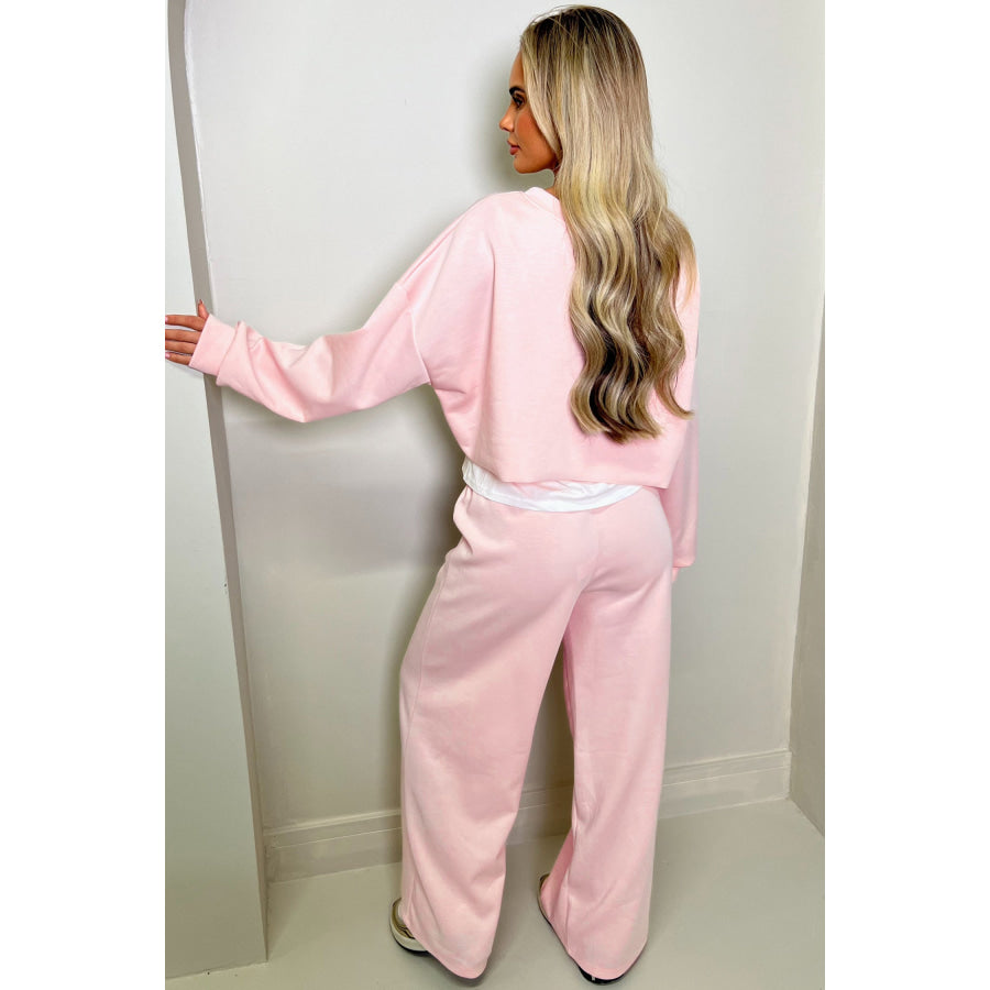 Pink Color Contrast Overlay Long Sleeve Top Drawstring Loose Pant Set Two Piece Sets/Pant Sets