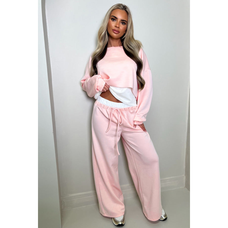 Pink Color Contrast Overlay Long Sleeve Top Drawstring Loose Pant Set Two Piece Sets/Pant Sets