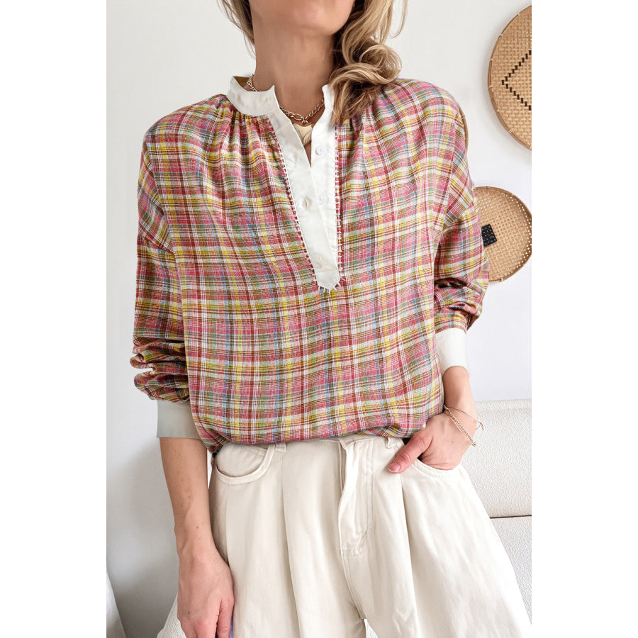 Pink Colorblock Plaid Patchwork Henley Blouse Pink / S / 70% Polyester + 25% Cotton + 5% Viscose Tops/Blouses & Shirts