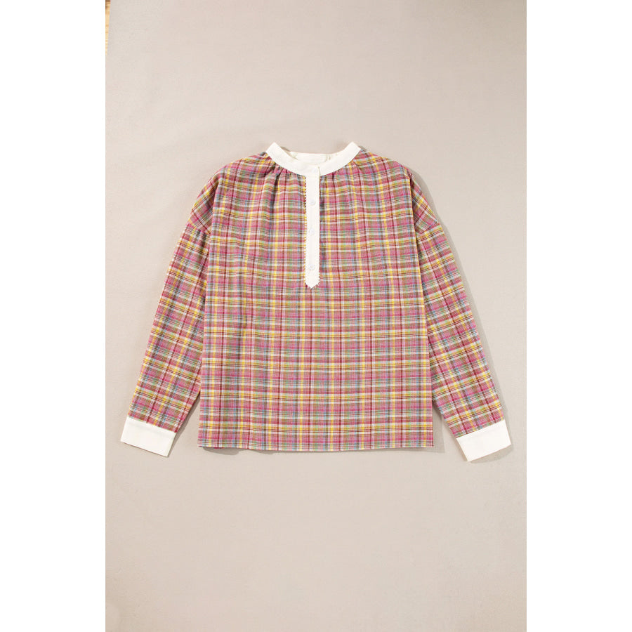 Pink Colorblock Plaid Patchwork Henley Blouse Tops/Blouses &amp; Shirts