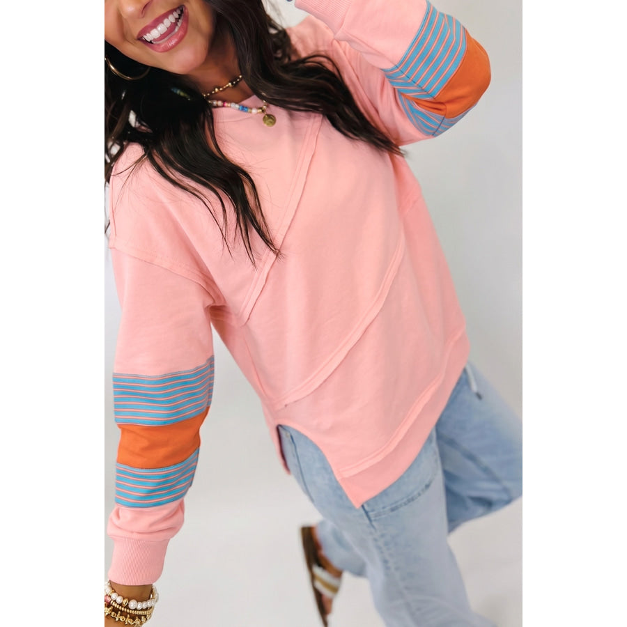 Pink Colorblock Striped Patchwork Long Sleeve Round Neck Blouse Pink / S / 65% Polyester + 35% Cotton Tops/Long Sleeve Tops