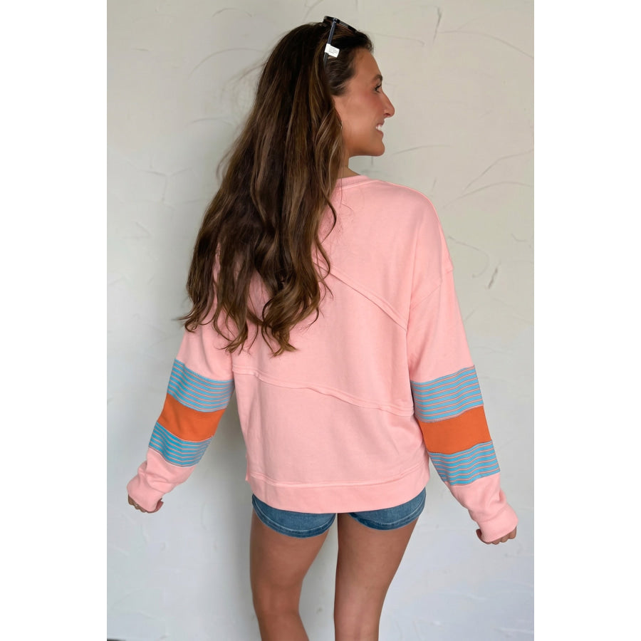 Pink Colorblock Striped Patchwork Long Sleeve Round Neck Blouse Pink / S / 65% Polyester + 35% Cotton Tops/Long Sleeve Tops