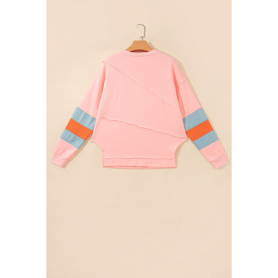 Pink Colorblock Striped Patchwork Long Sleeve Round Neck Blouse Tops/Long Sleeve Tops