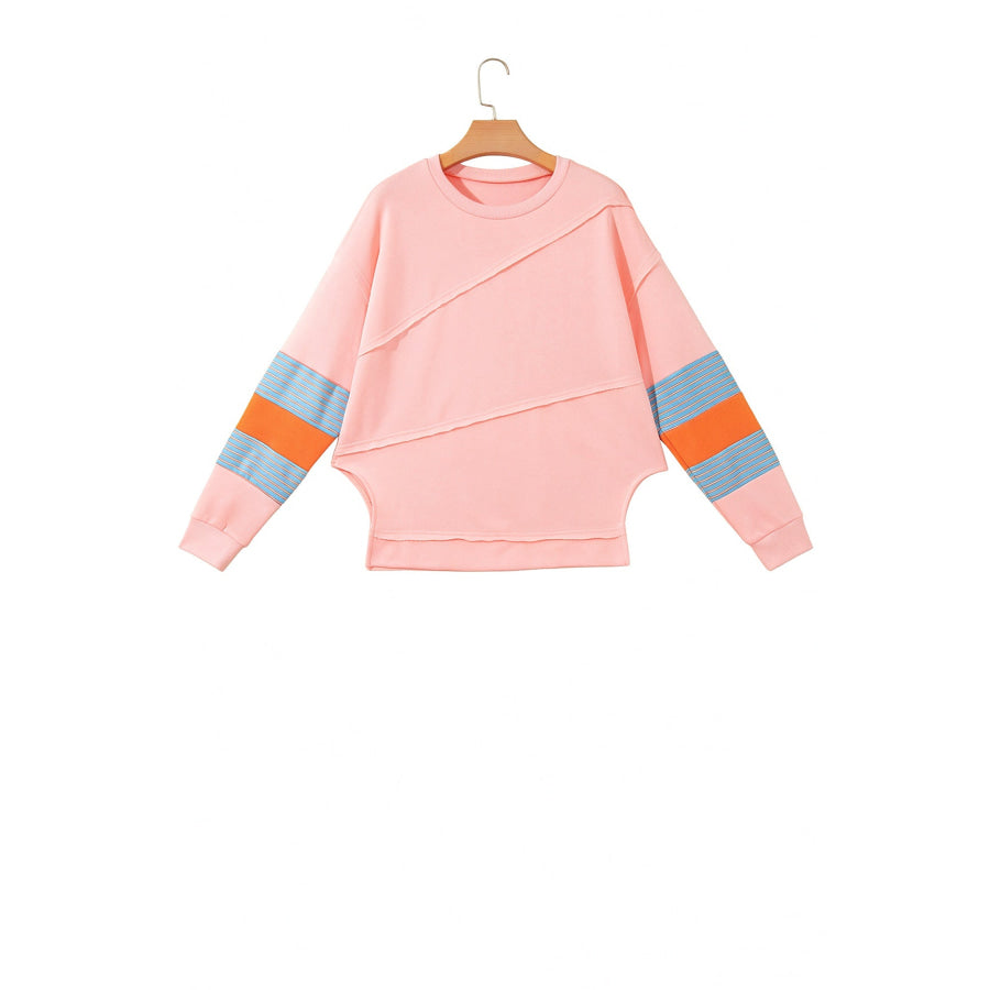 Pink Colorblock Striped Patchwork Long Sleeve Round Neck Blouse Tops/Long Sleeve Tops