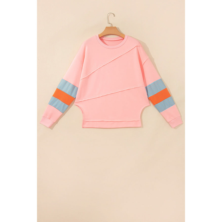 Pink Colorblock Striped Patchwork Long Sleeve Round Neck Blouse Tops/Long Sleeve Tops