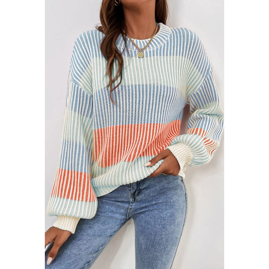 Pink Colorblock Textured Knit Bubble Sleeve Sweater Multicolour / S / 60% Cotton + 40% Acrylic Sweaters &amp; Cardigans/Sweaters