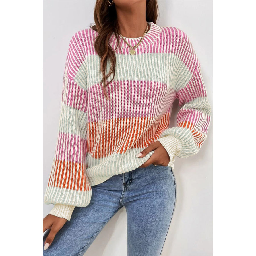 Pink Colorblock Textured Knit Bubble Sleeve Sweater Pink / S / 60% Cotton + 40% Acrylic Sweaters &amp; Cardigans/Sweaters