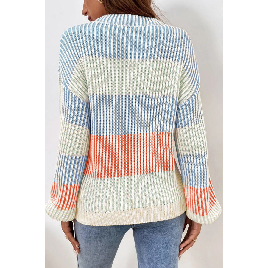 Pink Colorblock Textured Knit Bubble Sleeve Sweater Sweaters &amp; Cardigans/Sweaters