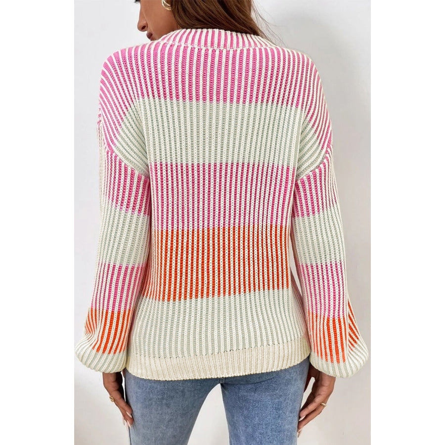 Pink Colorblock Textured Knit Bubble Sleeve Sweater Sweaters &amp; Cardigans/Sweaters