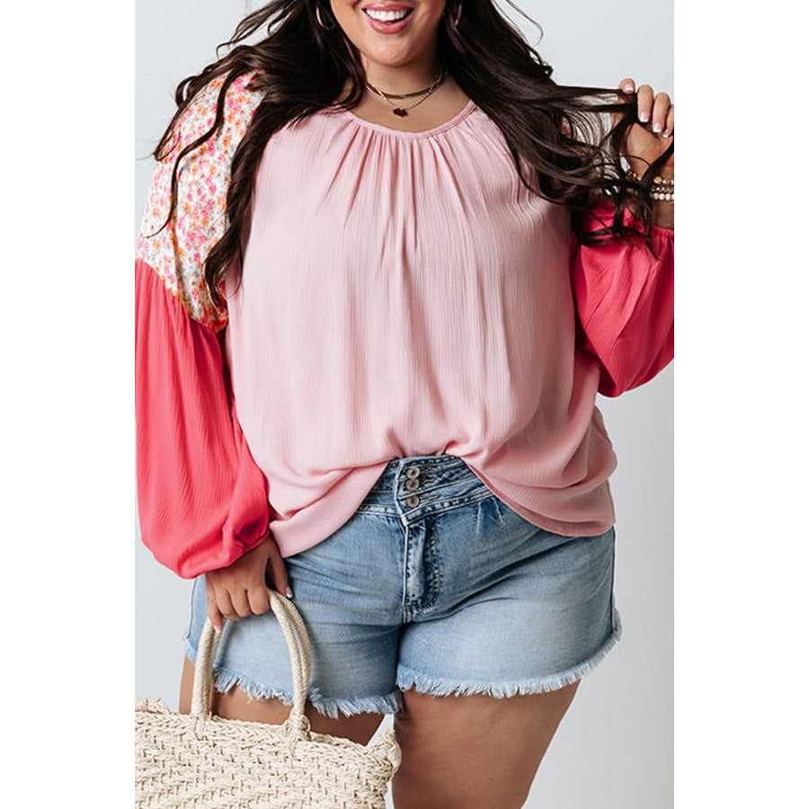 Pink Contrast Floral Patchwork Long Sleeve Plus Size Blouse Pink / 1X / 100% Polyester Plus Size/Plus Size Tops/Plus Size Long Sleeve Tops