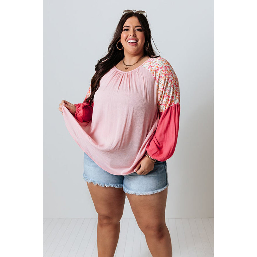 Pink Contrast Floral Patchwork Long Sleeve Plus Size Blouse Plus Size/Plus Size Tops/Plus Size Long Sleeve Tops